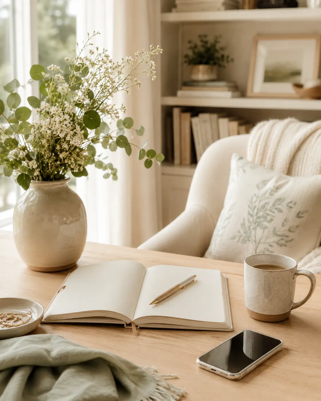 Writing desk with phone and coffee